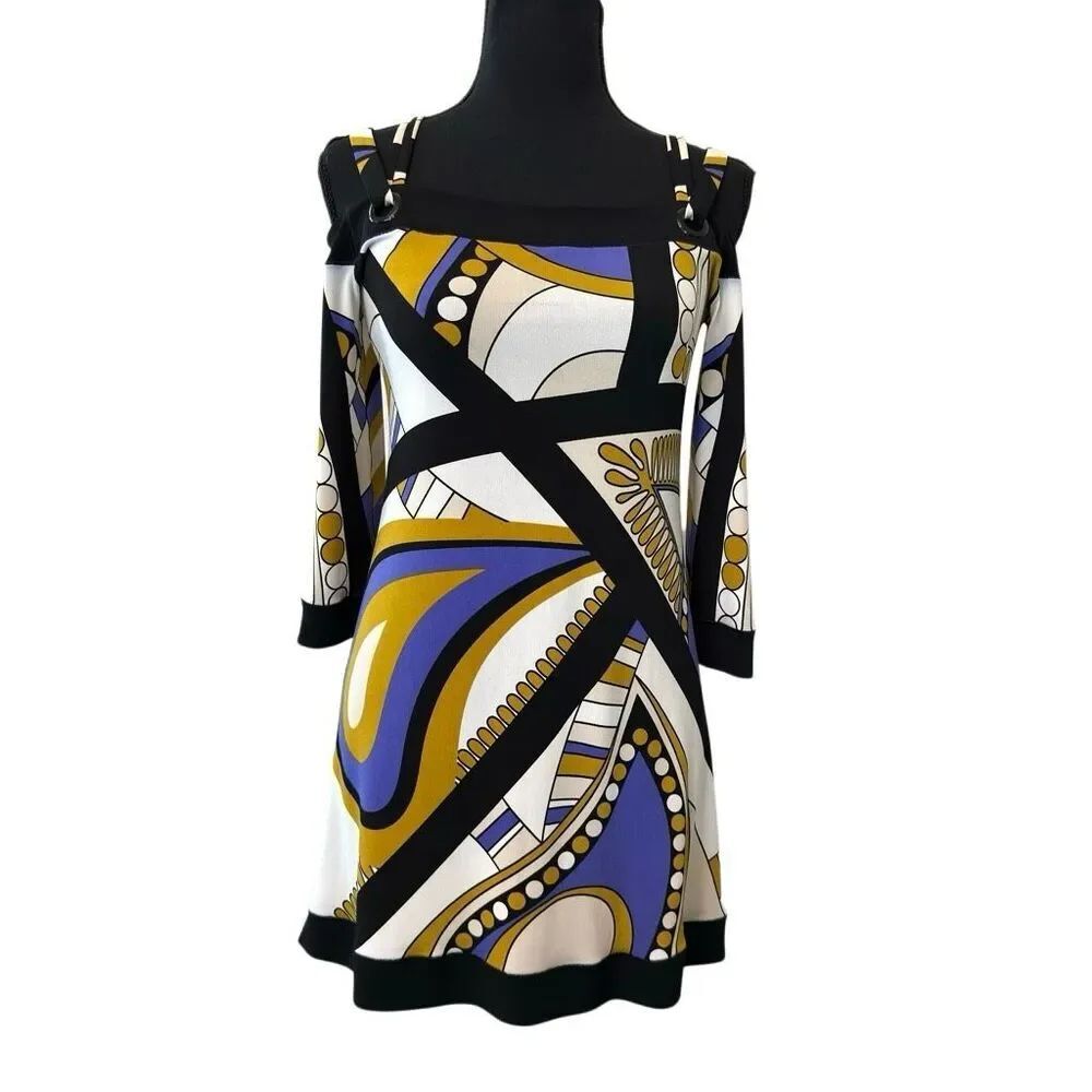 Eva Varro 3/4 Sleeve Abstract Cold Shoulder Tunic Mini Dress Multicolor XS